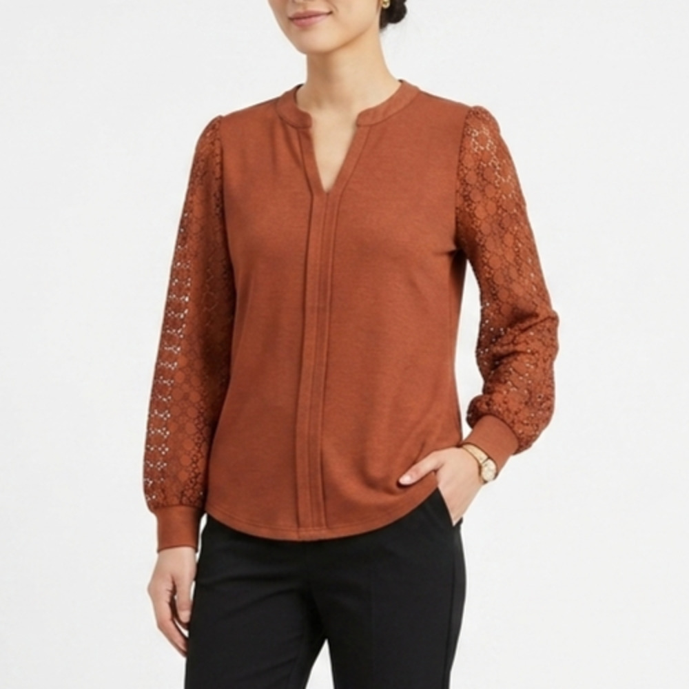 ALFYRCFT Women's Blouse S Rust Burnt Orange Lace Crochet Sleeve Split V Neck NWT